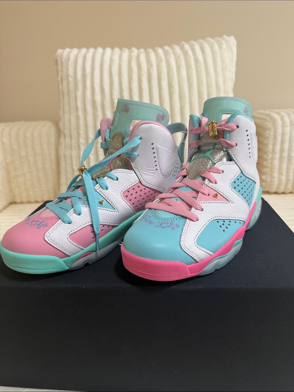 Jordan Kids High-Top Sneakers in Pink, Aqua & White